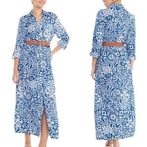 Zara Floral Relaxed Fit Rolled Long Sleeves Blue White Maxi Shirtdress size XS